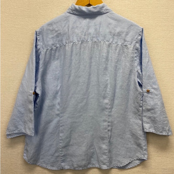 Sag Harbor Womens Blue 100% Linen Floral Embroidered Roll Tab Shirt Large VTG - Picture 4 of 11